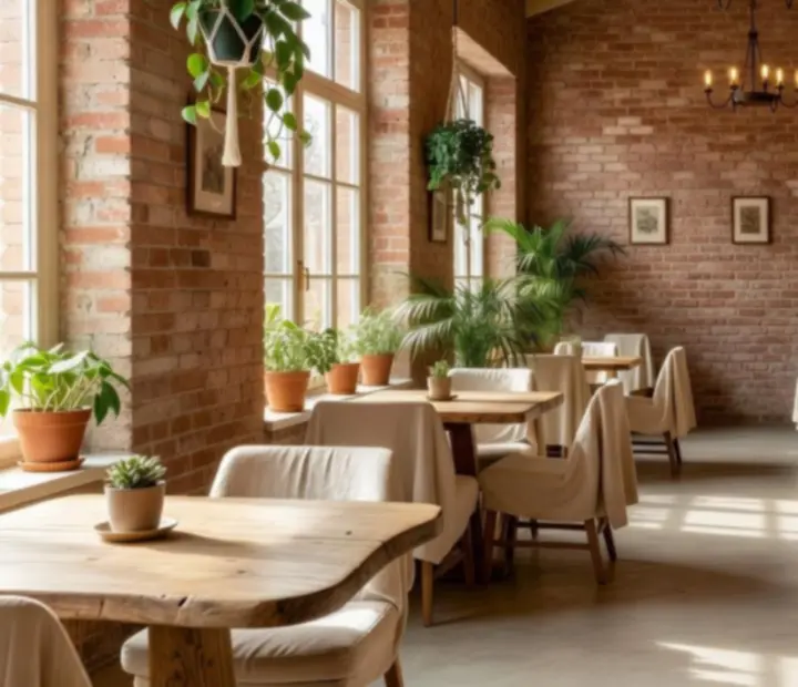 Sunlit Bohemian bistro interior with rustic timber and stone details