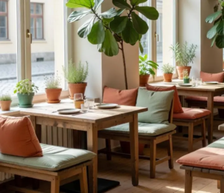 Sunlit interior of Cesstria bistro with wooden tables and a relaxed poker-friendly bar setting.