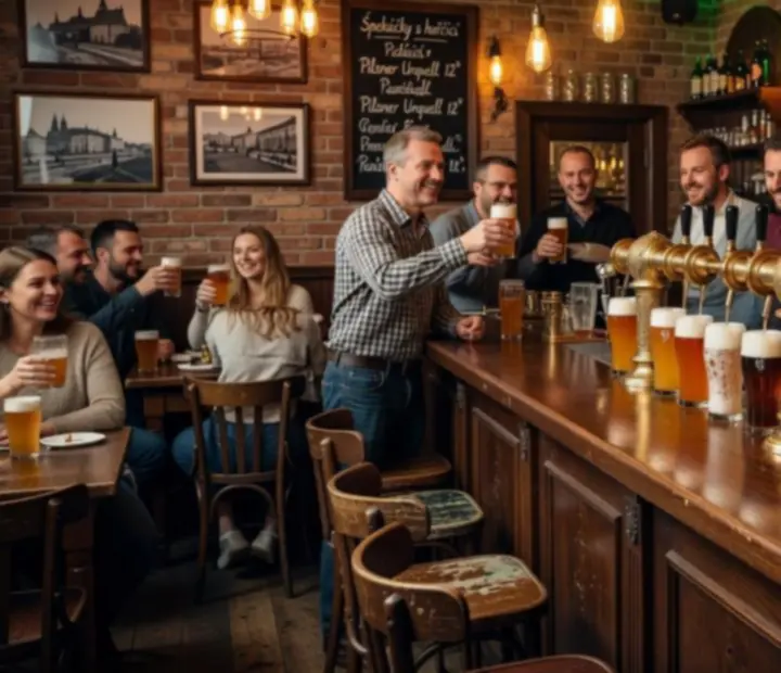 Warm bar counter with Czech craft beers and cocktails
