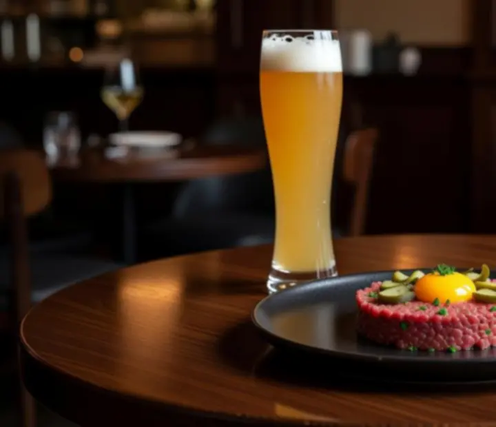 Food and drink pairing arrangement on a wooden table at Cesstria.