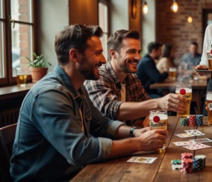Poker players enjoying Czech craft beers and cocktails at the table.