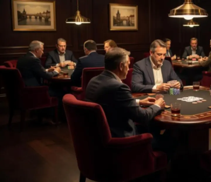 Elegant poker room with custom wooden card tables.