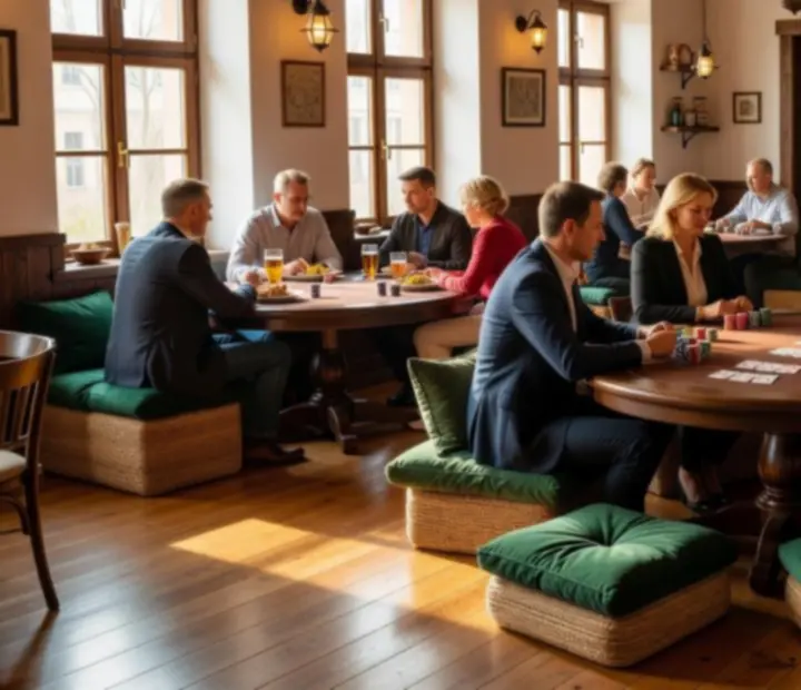 Warmly lit poker salon interior at Cesstria with wooden tables and comfortable seating.