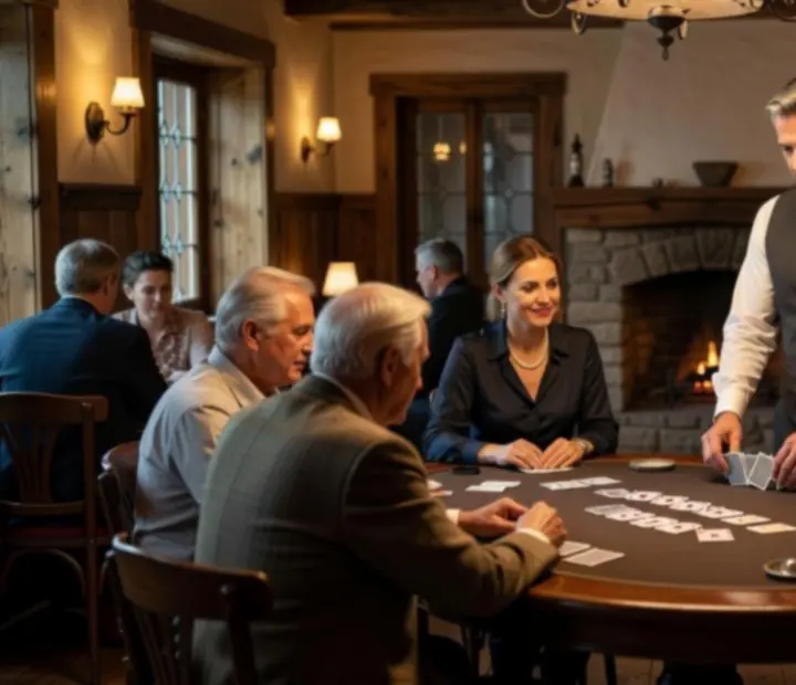 Poker dealer managing a table in Cesstria's poker salon