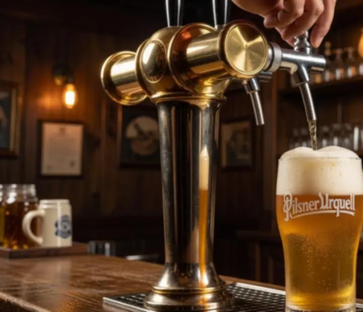 Craft beer being poured at the Cesstria bar next to small bistro plates.
