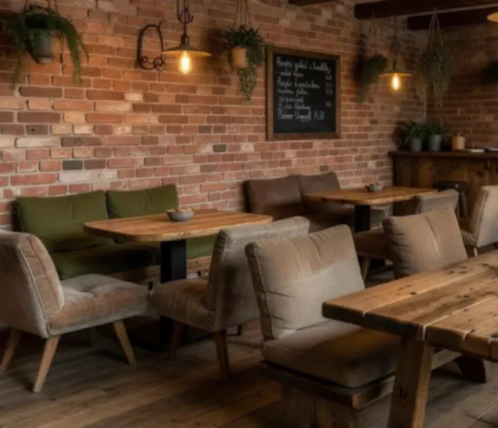 Rustic wooden pub interior with warm lighting and casual seating.