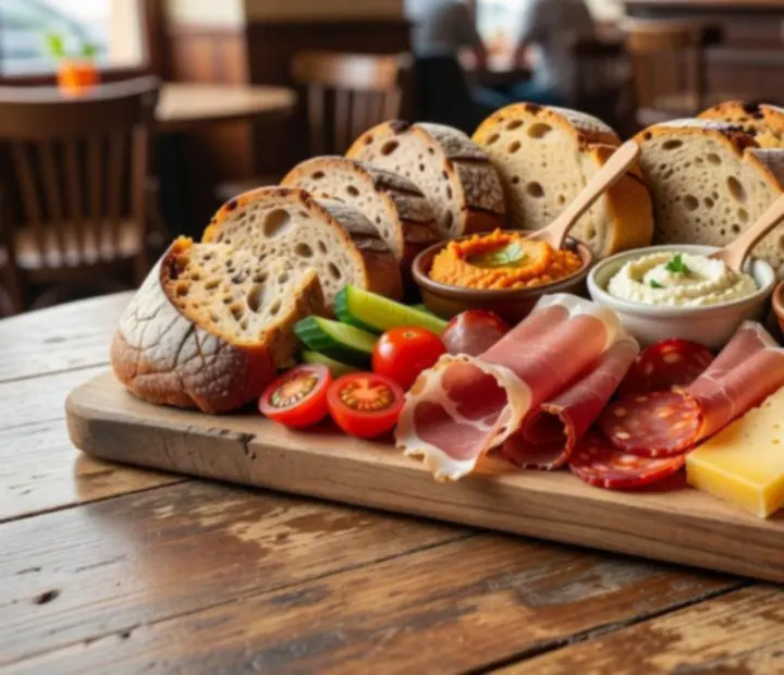 Rustic Czech appetizer spread with breads and sharable bites on wooden boards.