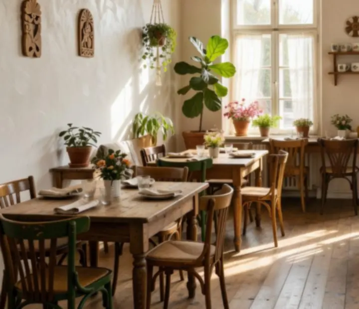 Sunlit bistro event space at Cesstria with communal tables prepared for guests.